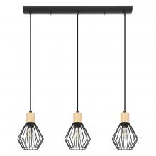 Eglo 43378A - 3 LT Linear Pendant w/ Black Finish & Open Frame Black Shades w/ Wood Accents