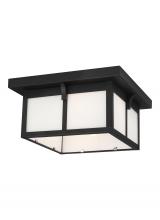 Generation Lighting 7852702-12 - Tomek modern 2-light outdoor exterior ceiling flush mount in black finish with etched white glass pa