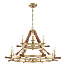 ZEEV Lighting CD10162-12-AGB - 12-Light 38&#34; Nautical 2-Tier Leather & Real Wood Candle Chandelier